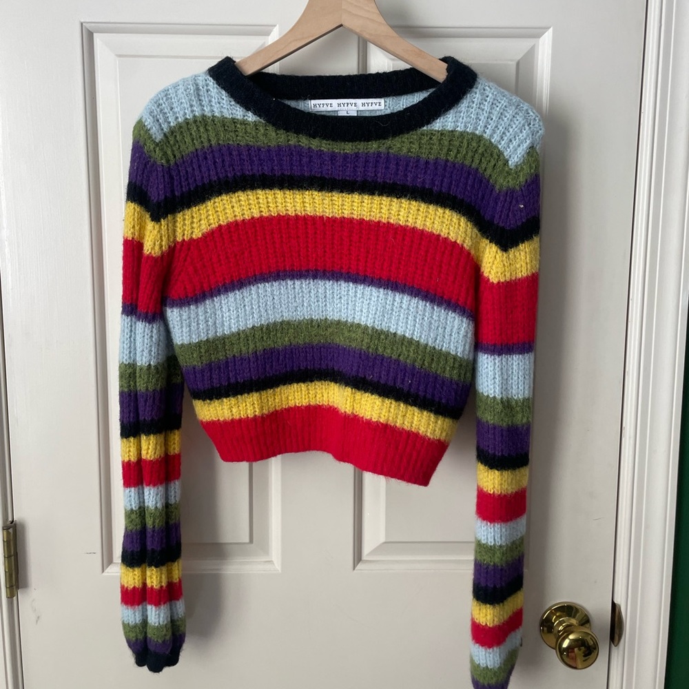 🌈 Rainbow Stripped Boutique HYFVE Sweater Cropped Womens L Large 🌈